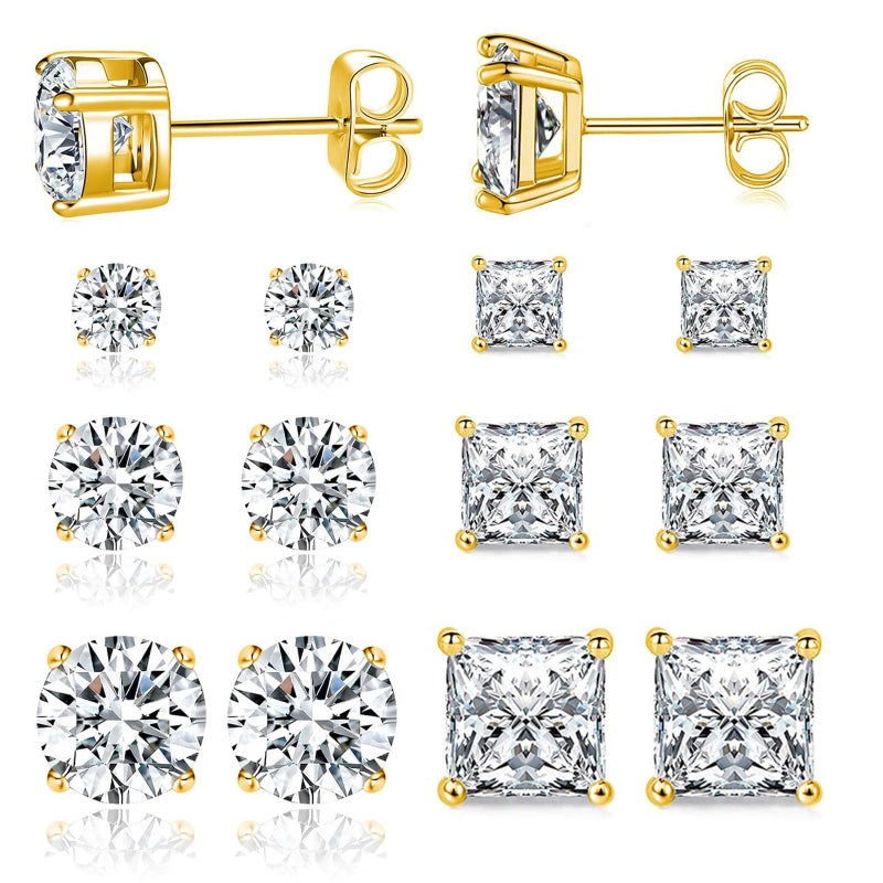 MDFUN Stud Earrings Packs for Women 18K Yellow Gold Plated CZ Cubic Zirconia Ear Piercing Earringings Mens Hypoallergenic Jewelry Set Gifts 3/5/7mm(18K Gold Plated)