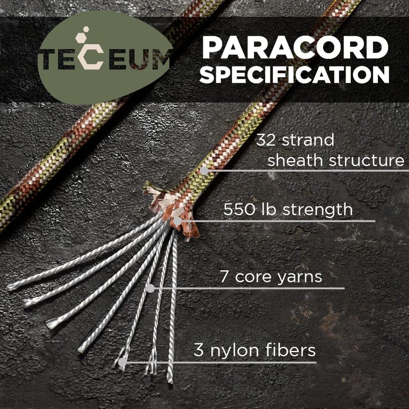 TECEUM Paracord Type III 550 Camo â€“ 100 ft â€“ 4mm â€“ Tactical Rope MIL-SPEC â€“ Outdoor para Cord â€“Camping Hiking Fishing Gear and Equipment â€“ EDC Parachute Cord â€“ Strong Survival Rope - Image 2