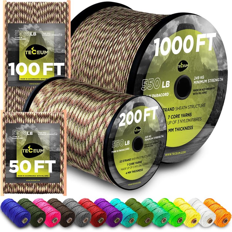 TECEUM Paracord Type III 550 Camo â€“ 100 ft â€“ 4mm â€“ Tactical Rope MIL-SPEC â€“ Outdoor para Cord â€“Camping Hiking Fishing Gear and Equipment â€“ EDC Parachute Cord â€“ Strong Survival Rope - Image 1