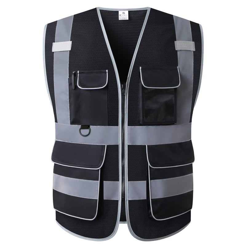 LOHASPRO High Visibility Vest for Men Reflective Safety Vest with Pockets Class 2 Construction Work Vest Zipper Front Black Safety Vest Meets ANSIISEA StandardsXLarge Black 01