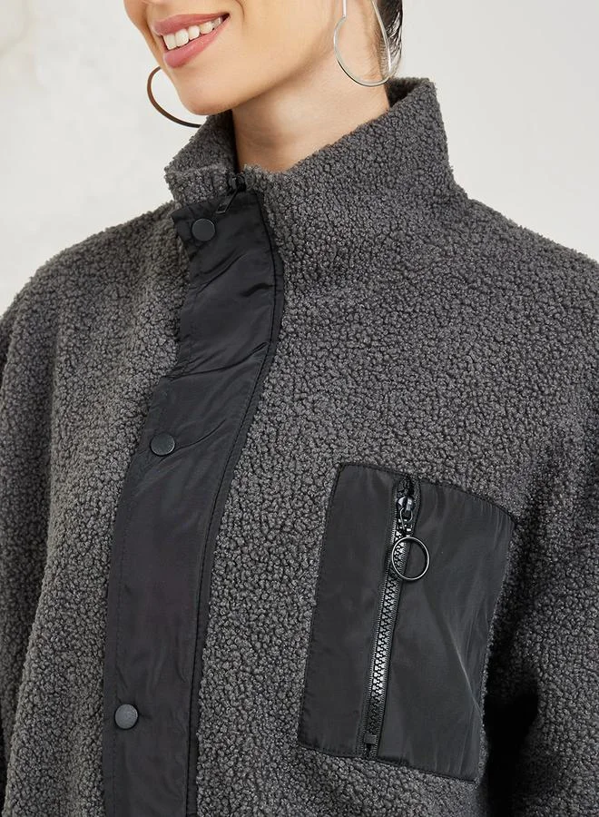 Styli Regular Fit Fleece Jacket With Zip Pocket