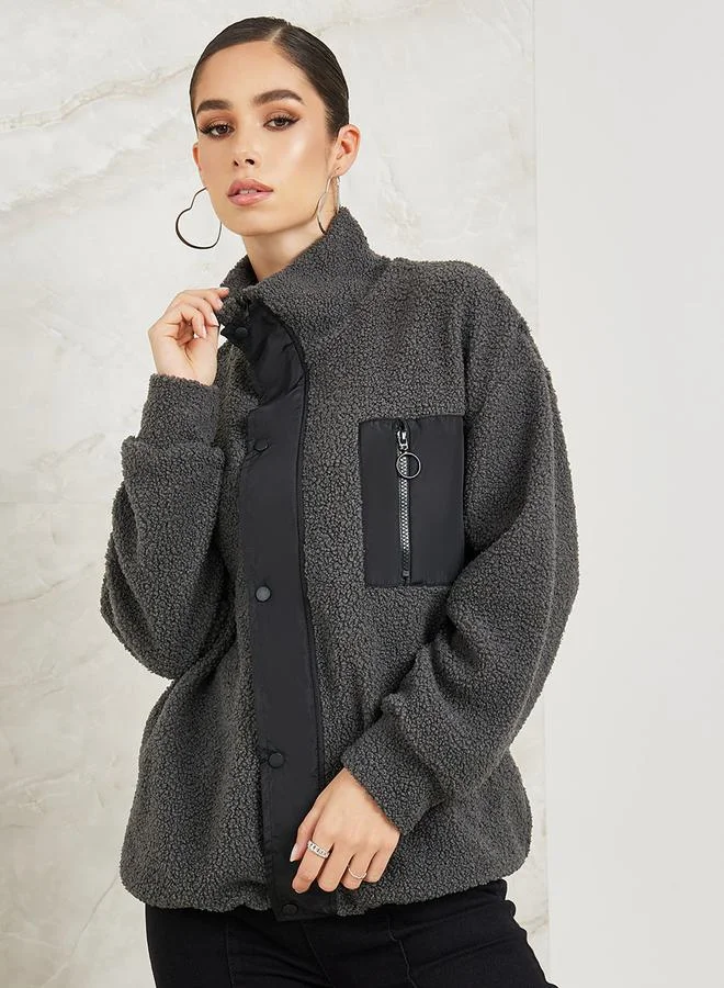 Styli Regular Fit Fleece Jacket With Zip Pocket