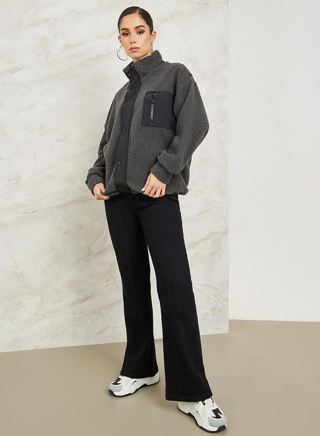 Styli Regular Fit Fleece Jacket With Zip Pocket