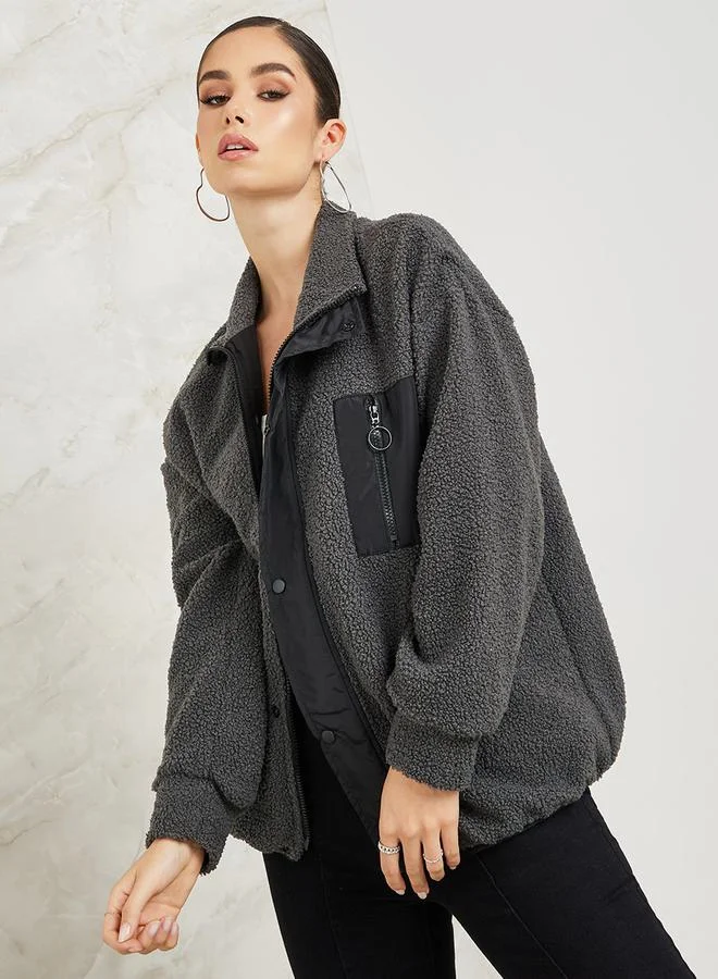 Styli Regular Fit Fleece Jacket With Zip Pocket