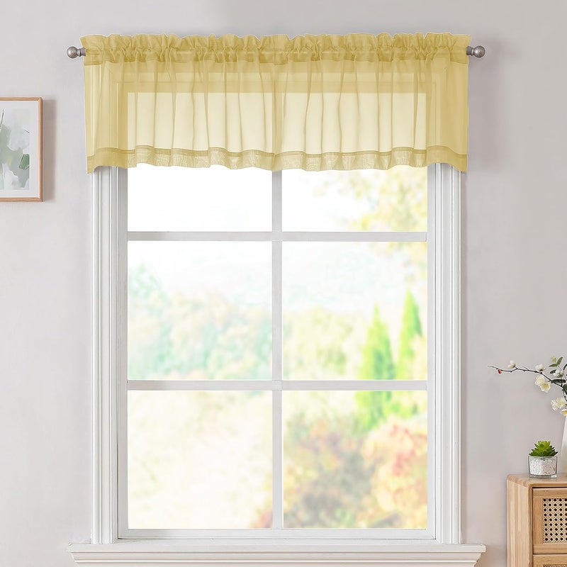 SimpleBrand Yellow Valances 14 Inches Long for Living Room Pocket 2 Panel Light Filtering Sheer Translucent Valence Toppers for Short Window Kitchen Bathroom Bedroom 42x14 Inch Length - Image 1