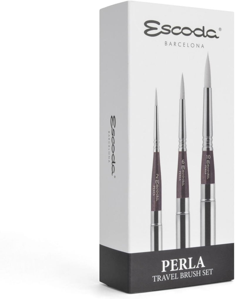 Escoda Escoda Perla Series Professional Artist Watercolor Travel Brush Set with Synthetic Leather Wallet 3 Round Travel Brushes Synthetic White Toray Fiber  - Image 1