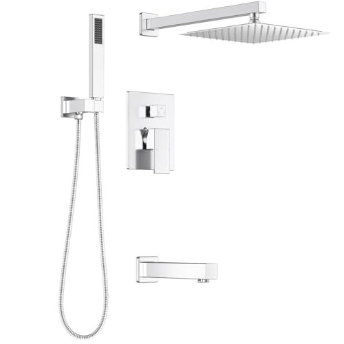 Lava Odoro Modern 3Setting Square Shower and Tub Faucet Set with Shower Head and Handheld Sprayer Chrome Rainfall Shower System with Tub Spout Shower Valve Trim Kit Chrome SF103CT - Image 1