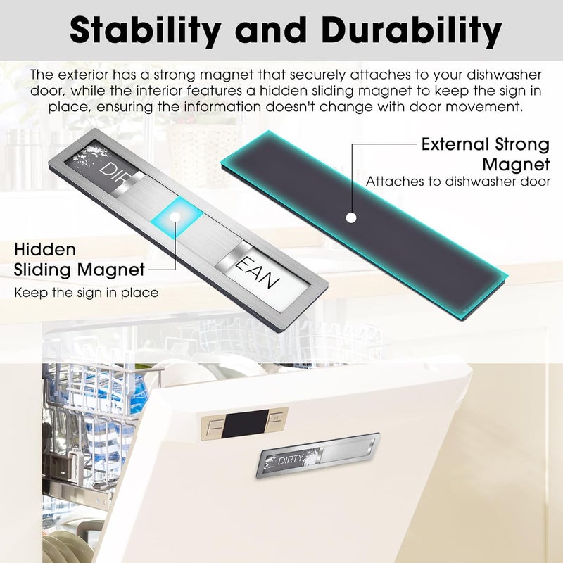 HYF DESIGN Clean Dirty Magnet for Dishwasher, Premium Stainless Steel, Dirty/Clean Speckled Design, Durable Magnet & Clear Indicators with Extra Tape (Silvery-Gray-01) - Image 4