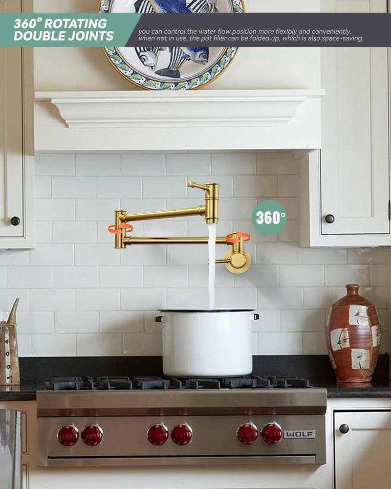 ALEASHA Brushed Gold Pot Filler Faucet, Folding Kitchen Faucet Single Hole 2 Handle Wall Mount Over Stove - Image 3