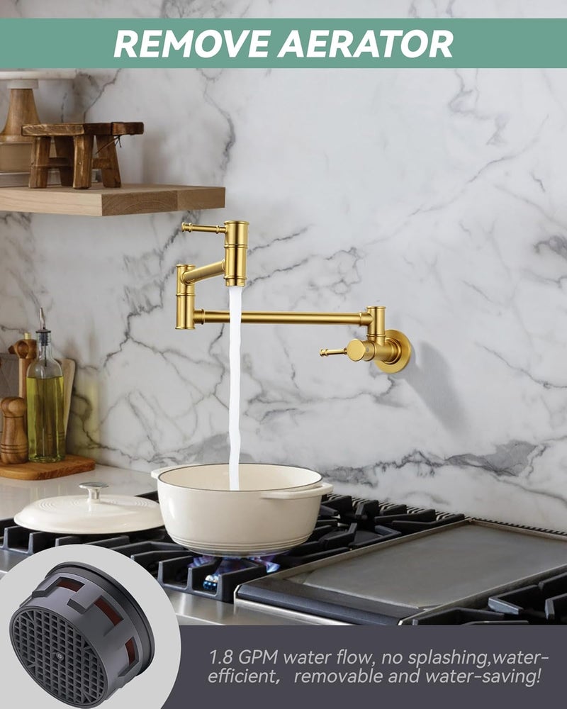 ALEASHA Brushed Gold Pot Filler Faucet, Folding Kitchen Faucet Single Hole 2 Handle Wall Mount Over Stove - Image 4