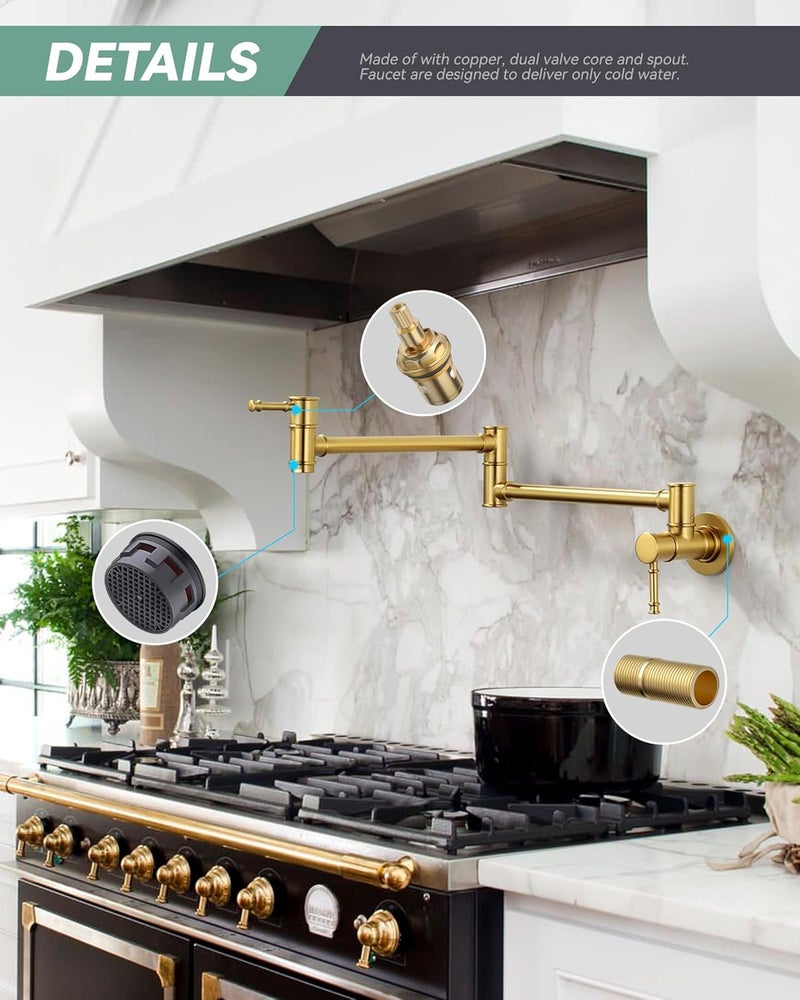 ALEASHA Brushed Gold Pot Filler Faucet, Folding Kitchen Faucet Single Hole 2 Handle Wall Mount Over Stove - Image 2