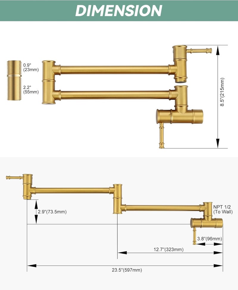 ALEASHA Brushed Gold Pot Filler Faucet, Folding Kitchen Faucet Single Hole 2 Handle Wall Mount Over Stove - Image 5
