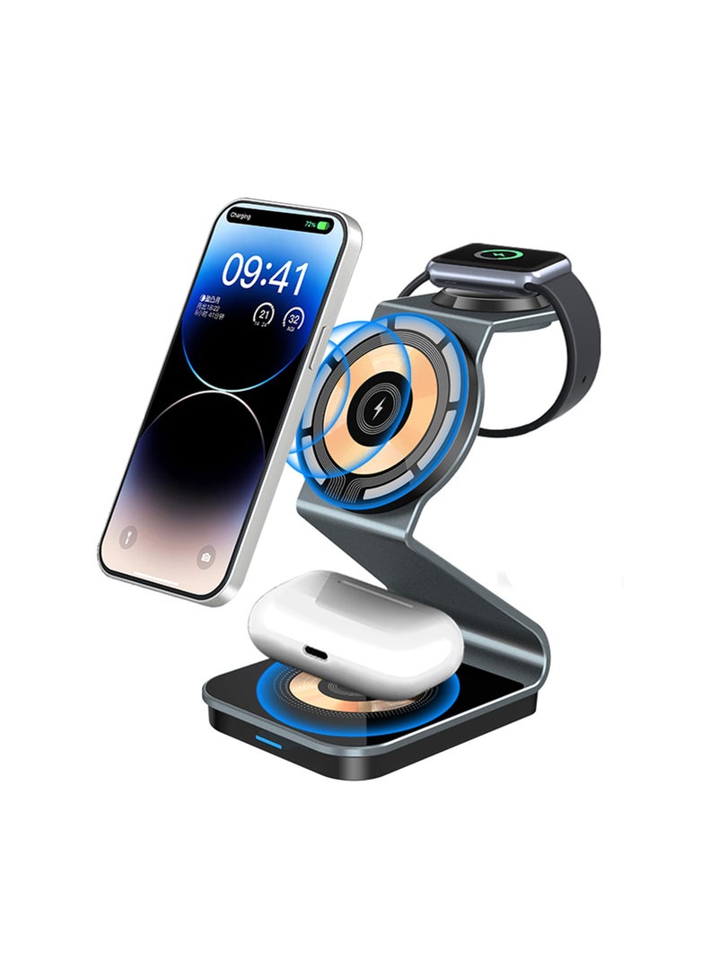 SYOSI 3 in 1 Wireless Charging Station, Magnetic Wireless Charger Stand fit for iPhone 14/13/12 Series, Apple Watch Ultra/SE/2 to 8, AirPods 3/2/Pro 2/Pro, Travel Phone Charger Dock(1 Pack) - Image 1