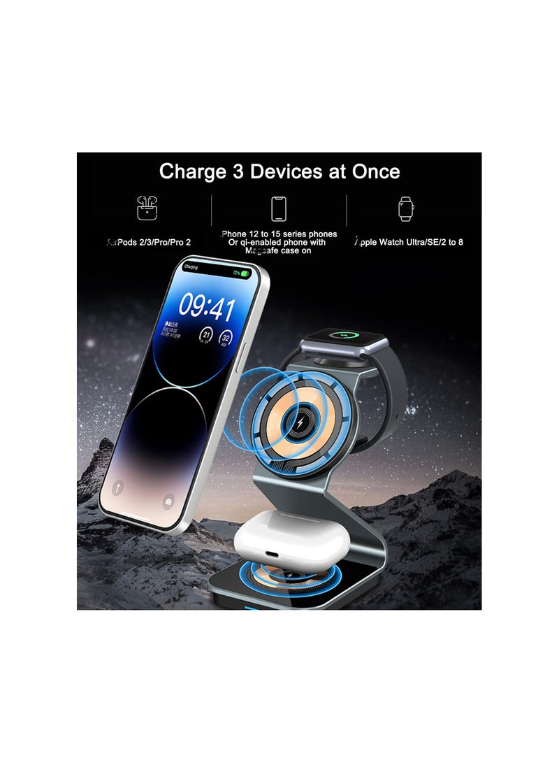 SYOSI 3 in 1 Wireless Charging Station, Magnetic Wireless Charger Stand fit for iPhone 14/13/12 Series, Apple Watch Ultra/SE/2 to 8, AirPods 3/2/Pro 2/Pro, Travel Phone Charger Dock(1 Pack) - Image 3