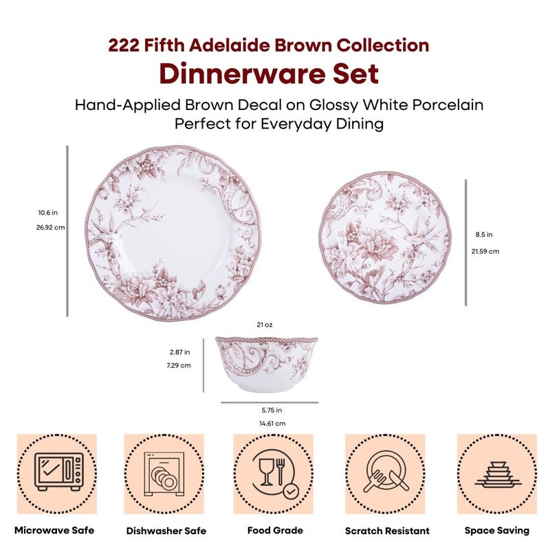 222 Fifth Adelaide Brown on White 12-Piece Dinnerware Set â€“ Service for 4, Big Dinner Plates and Bowls Sets,Durable Porcelain, Microwave and Dishwasher Safe, for Everyday Dining & Entertainment - Image 2