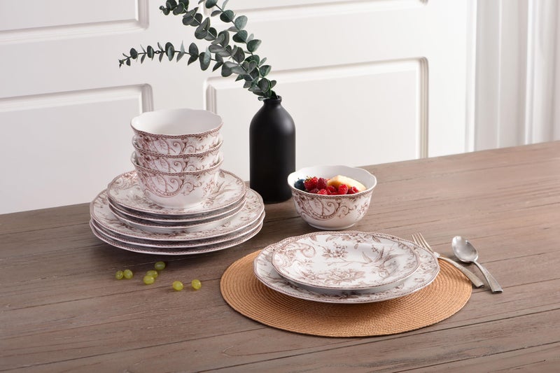 222 Fifth Adelaide Brown on White 12-Piece Dinnerware Set â€“ Service for 4, Big Dinner Plates and Bowls Sets,Durable Porcelain, Microwave and Dishwasher Safe, for Everyday Dining & Entertainment - Image 3