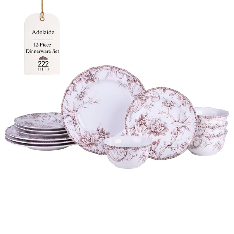 222 Fifth Adelaide Brown on White 12-Piece Dinnerware Set â€“ Service for 4, Big Dinner Plates and Bowls Sets,Durable Porcelain, Microwave and Dishwasher Safe, for Everyday Dining & Entertainment - Image 1