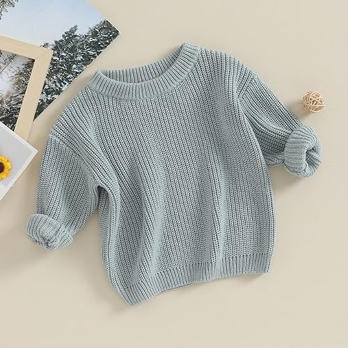 Yoawdats Toddler Baby Girl Boy Long Sleeve Knit Sweater Cute Round Neck Pullover Fall Winter Warm Tops Clothes (Grey Green, 0-3 Months) - Image 3