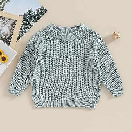 Yoawdats Toddler Baby Girl Boy Long Sleeve Knit Sweater Cute Round Neck Pullover Fall Winter Warm Tops Clothes (Grey Green, 0-3 Months) - Image 2