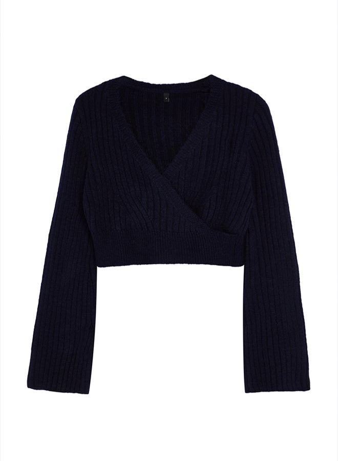 trendyol Navy Blue Crop Soft Textured Double Breasted Knitwear Sweater - Image 5
