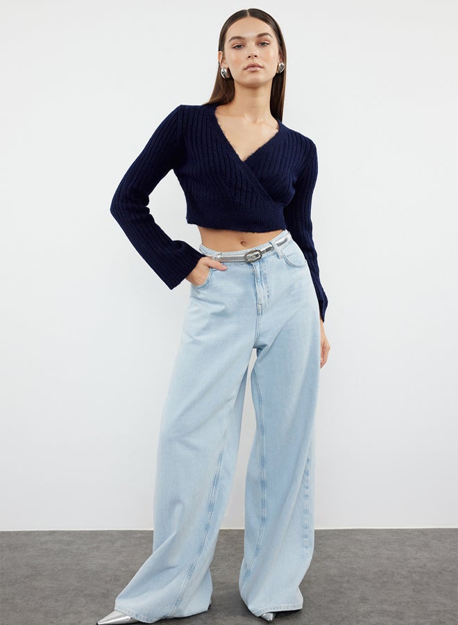 trendyol Navy Blue Crop Soft Textured Double Breasted Knitwear Sweater - Image 2