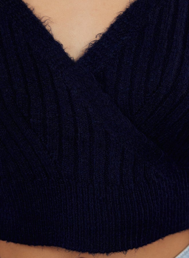 trendyol Navy Blue Crop Soft Textured Double Breasted Knitwear Sweater - Image 4