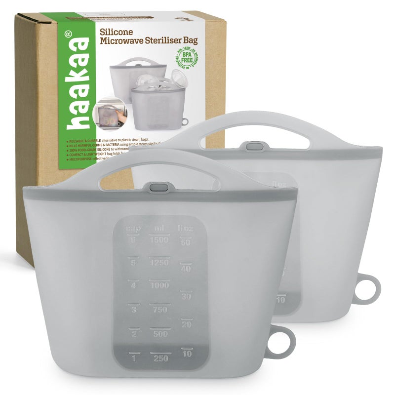 Haakaa On-The-Go Silicone Microwave Steam Sterilizer Bags for Travel, 50oz/1500mlReusable Silicone Steaming Bags for Baby Bottles, Breast Pump, Accessories, Pacifiers, Teethers,Grey/2PCS - Image 1