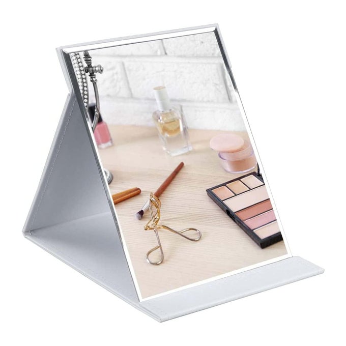 FOLDABLE MAKEUP MIRROR COMPACT SIZE FRAMELESS PORTABLE VANITY LEATHER MIRROR WITH STAND RECTANGULAR WHITEPACK OF 1