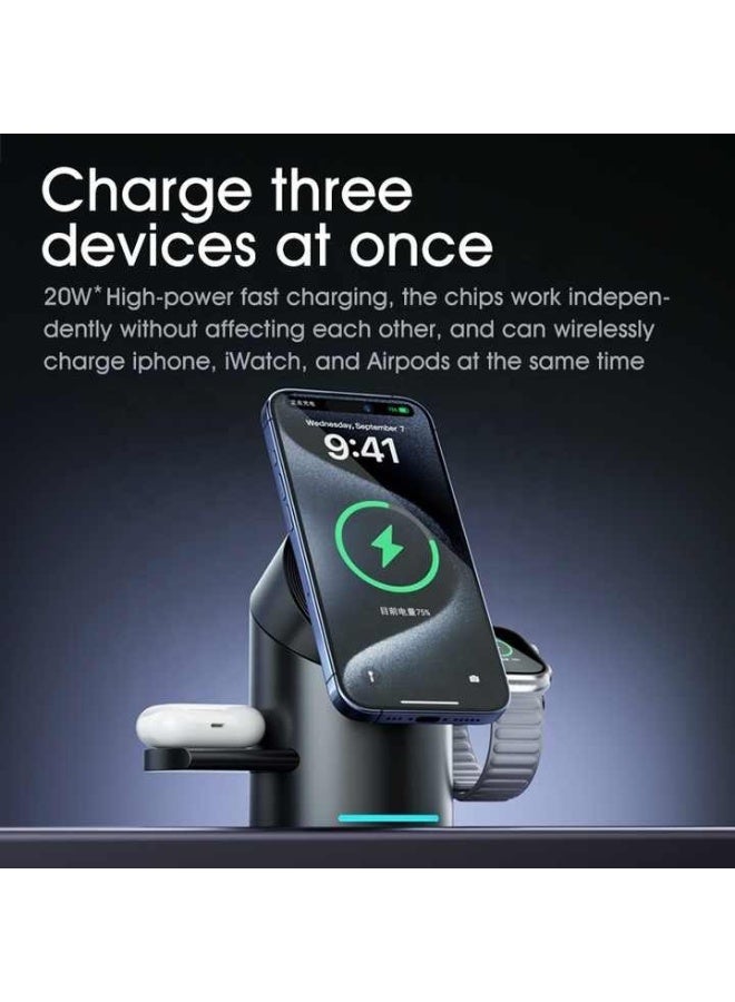 محطة شحن لاسلكية 3 في 1، شاحن سريع 15 وات - معتمد من Qi2، حامل متوافق مع Magsafe لأجهزة iPhone وiWatch وسماعات الأذن - Image 1