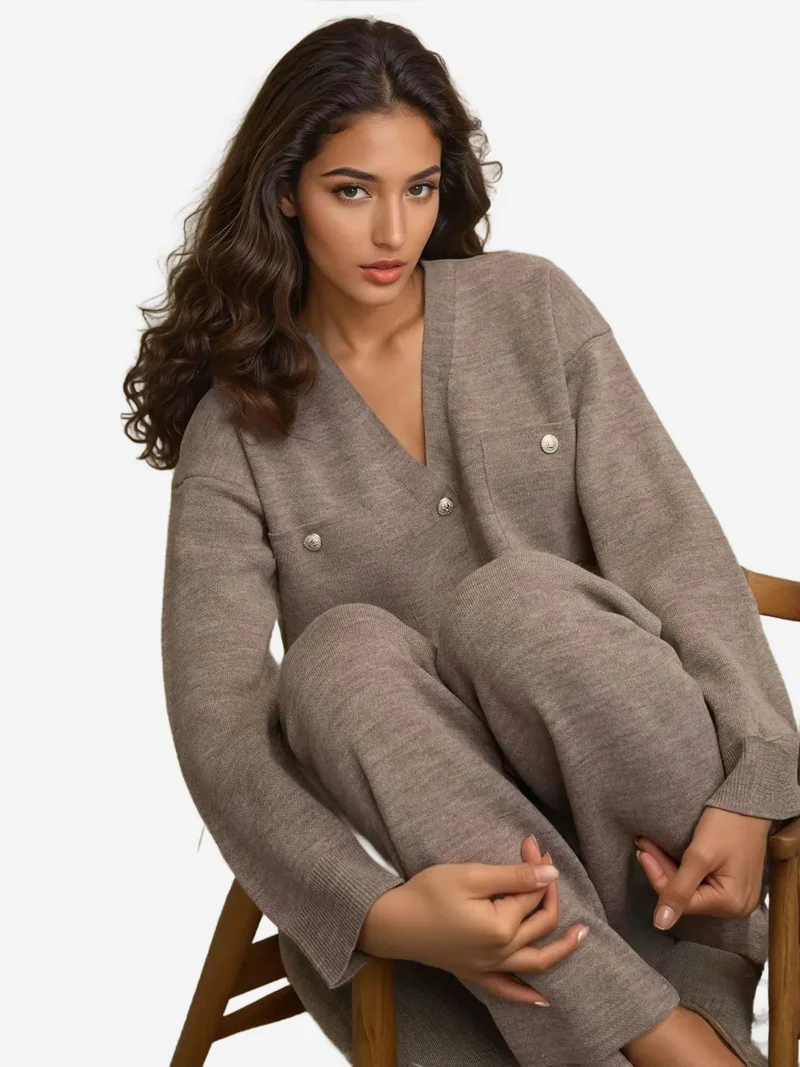 HICCUP Beaver Brown V-Neck Cardigan & High Waist Wide Leg Pants Knit Co-Ord Set for Women | Best Price UAE