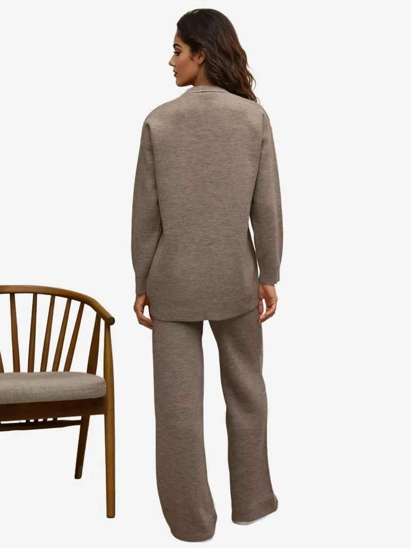 HICCUP Beaver Brown V-Neck Cardigan & High Waist Wide Leg Pants Knit Co-Ord Set for Women | Best Price UAE