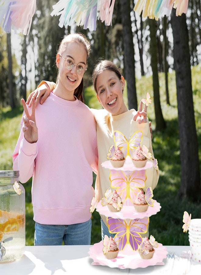 WEEPA 3 Tier Butterfly Cupcake Stand Butterfly Party Decorations Pink Cardboard Cupcake Holder Stand Treat Tower for Wedding Birthday Party Supplies - Image 5