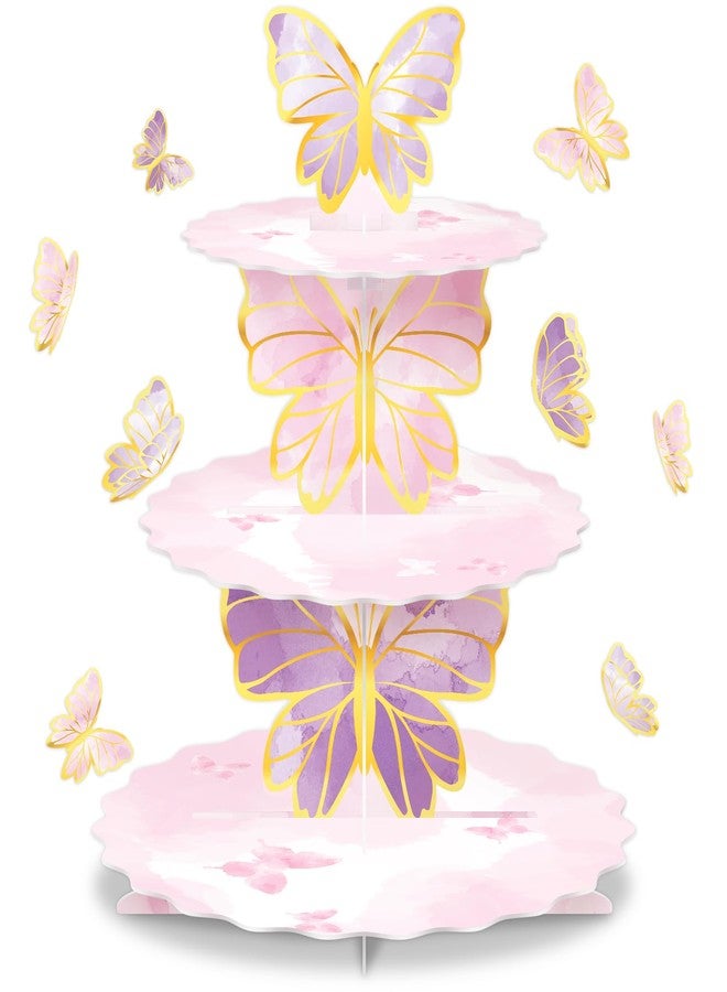 WEEPA 3 Tier Butterfly Cupcake Stand Butterfly Party Decorations Pink Cardboard Cupcake Holder Stand Treat Tower for Wedding Birthday Party Supplies - Image 1