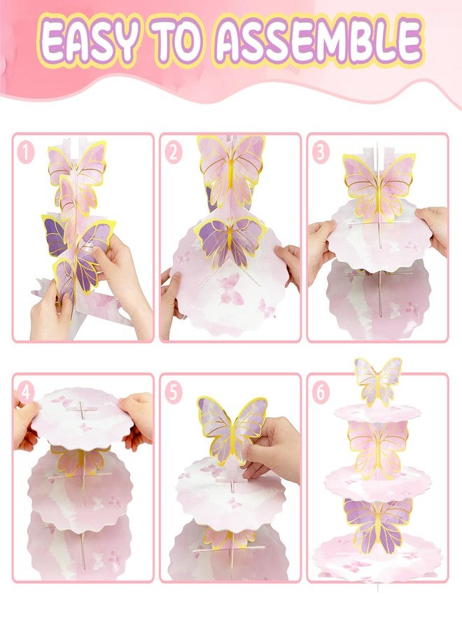 WEEPA 3 Tier Butterfly Cupcake Stand Butterfly Party Decorations Pink Cardboard Cupcake Holder Stand Treat Tower for Wedding Birthday Party Supplies - Image 4