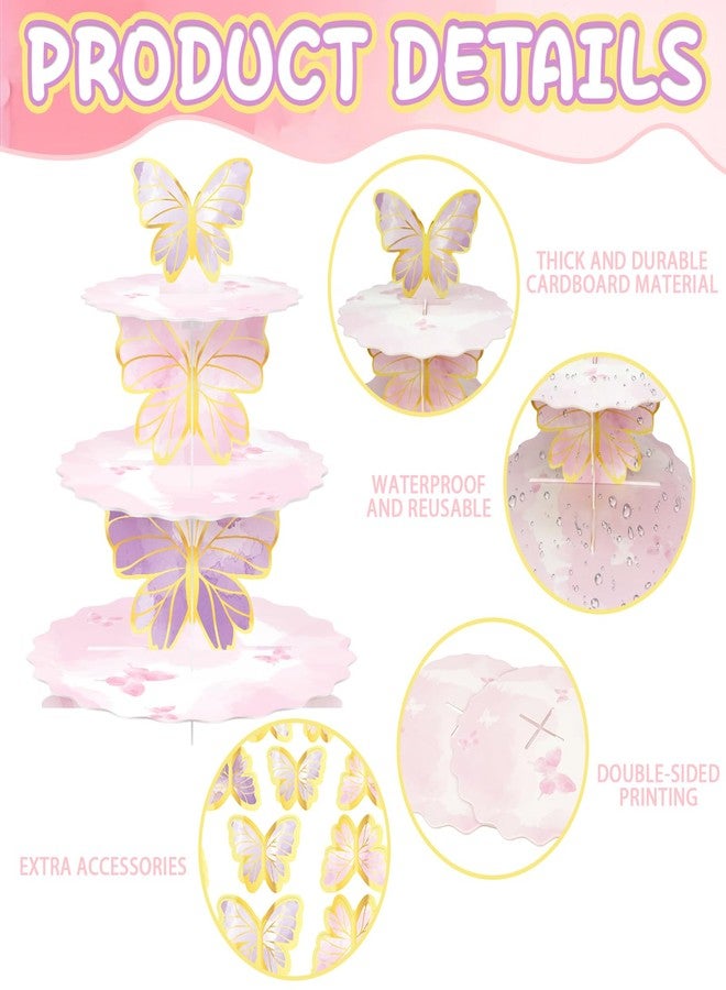 WEEPA 3 Tier Butterfly Cupcake Stand Butterfly Party Decorations Pink Cardboard Cupcake Holder Stand Treat Tower for Wedding Birthday Party Supplies - Image 3