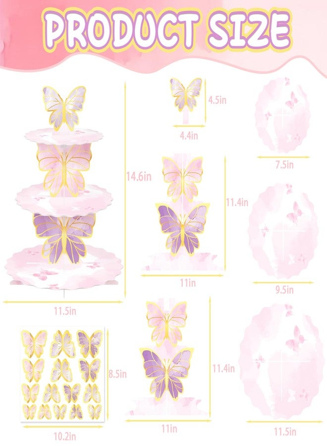 WEEPA 3 Tier Butterfly Cupcake Stand Butterfly Party Decorations Pink Cardboard Cupcake Holder Stand Treat Tower for Wedding Birthday Party Supplies - Image 2