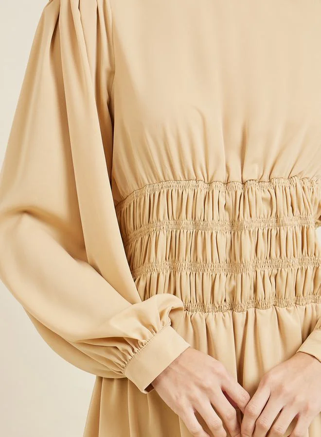 Styli Shirred Waist Detail High Neck A-Line Maxi Dress