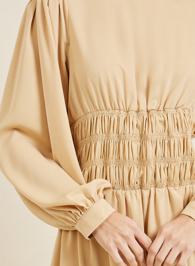 Styli Shirred Waist Detail High Neck A-Line Maxi Dress  - Image 3