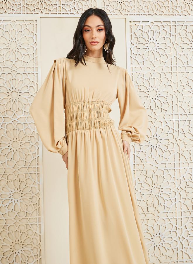 Styli Shirred Waist Detail High Neck A-Line Maxi Dress  - Image 2