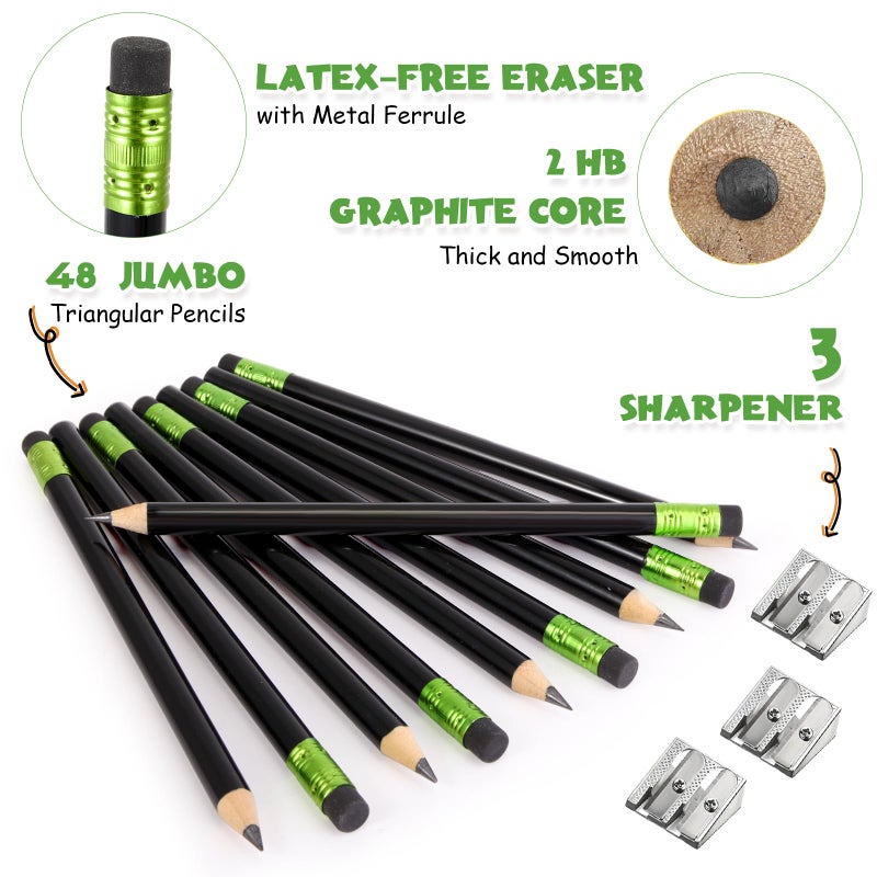 Fainne 48 Pcs Fat Pencils Jumbo Big Thick Large Pencils and 3 Pieces Sharpeners for Kids Beginners Preschoolers Kindergarten School Office Supplies(Black,Round) - Image 4
