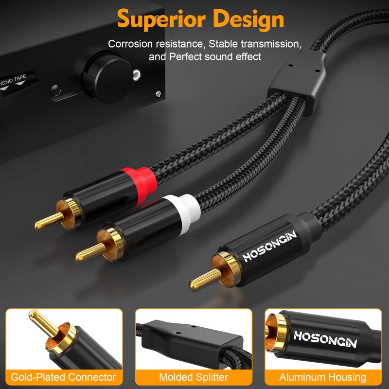 HOSONGIN RCA Y Splitter Cable, 1 Male to 2 Male Audio Cables (2 Pack), 12 Inch, 24K Gold-Plated, Cotton Braided, Shielded Subwoofer Cable for Amplifiers, TV, Home Theater, Hi-Fi Systems - Image 4