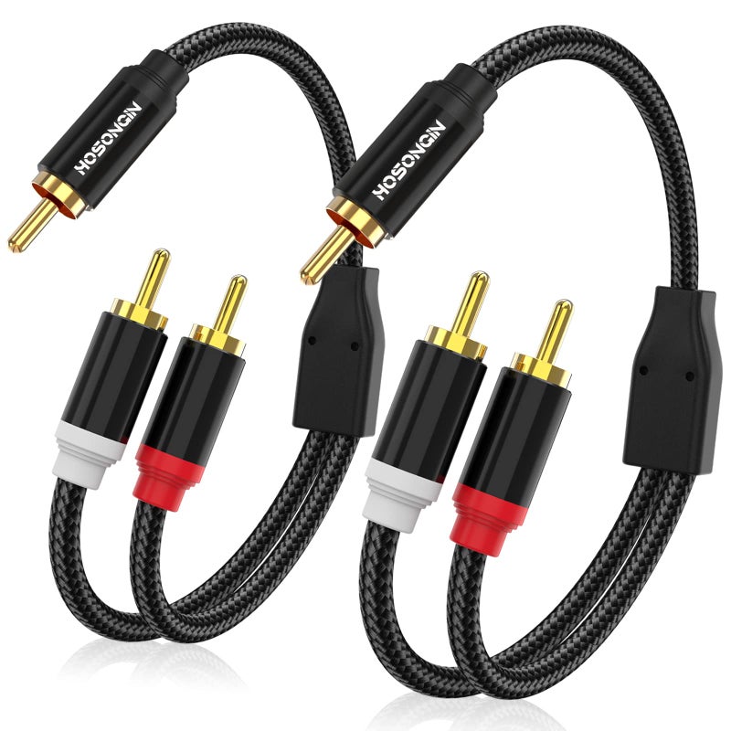 HOSONGIN RCA Y Splitter Cable, 1 Male to 2 Male Audio Cables (2 Pack), 12 Inch, 24K Gold-Plated, Cotton Braided, Shielded Subwoofer Cable for Amplifiers, TV, Home Theater, Hi-Fi Systems - Image 1