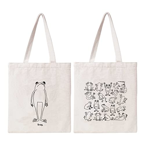 THEYGE Frog Tote Bag Cute Frogs Cotton Canvas Bag Aesthetic Funny Tote Bag for Women Gift Tote Handbag Grocery Bag Beach Shopping Shoulder Bag - Image 1