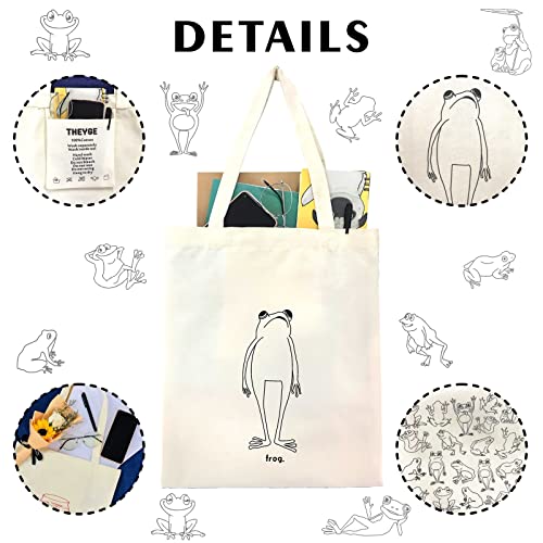 THEYGE Frog Tote Bag Cute Frogs Cotton Canvas Bag Aesthetic Funny Tote Bag for Women Gift Tote Handbag Grocery Bag Beach Shopping Shoulder Bag - Image 3