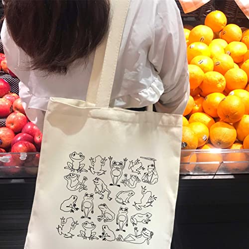 THEYGE Frog Tote Bag Cute Frogs Cotton Canvas Bag Aesthetic Funny Tote Bag for Women Gift Tote Handbag Grocery Bag Beach Shopping Shoulder Bag - Image 5