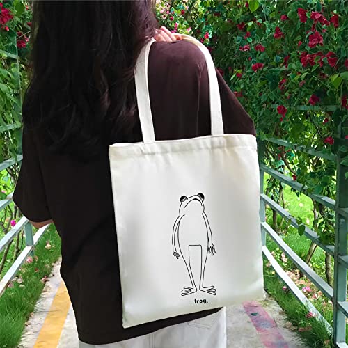 THEYGE Frog Tote Bag Cute Frogs Cotton Canvas Bag Aesthetic Funny Tote Bag for Women Gift Tote Handbag Grocery Bag Beach Shopping Shoulder Bag - Image 4