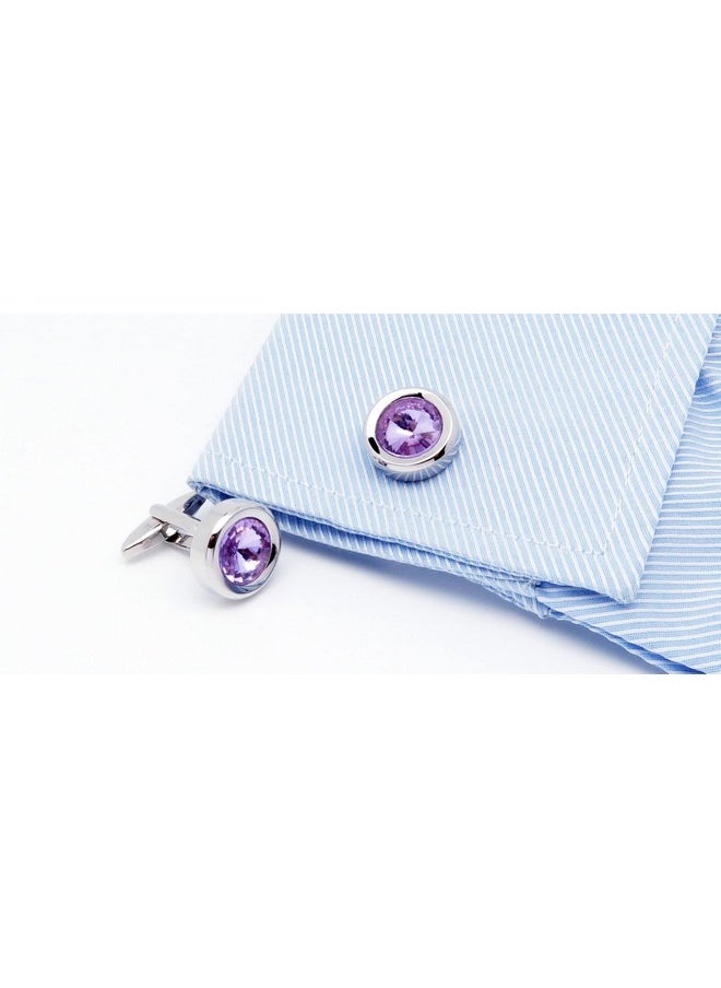 Jonwo Round Diamond Cutting Crystal Men Cufflinks With Gift Case French Cuff Shirt Unisex Cuff Link Buttons For Business Wedding Tuxedo (Purple)  - Image 2