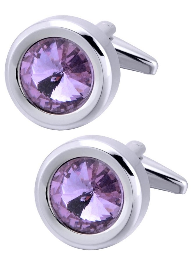 Jonwo Round Diamond Cutting Crystal Men Cufflinks With Gift Case French Cuff Shirt Unisex Cuff Link Buttons For Business Wedding Tuxedo (Purple)  - Image 1