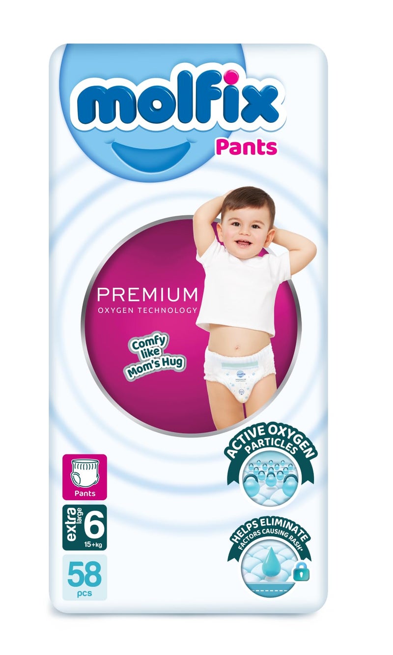 Molfix Baby Diapers Pants Size 6, Mega Pack, 15+ KG, 58 Units, Molfix Premium Oxygen Pants Diapers, Size 6, 15+ KG, Mega 58 count, Cotton Material
