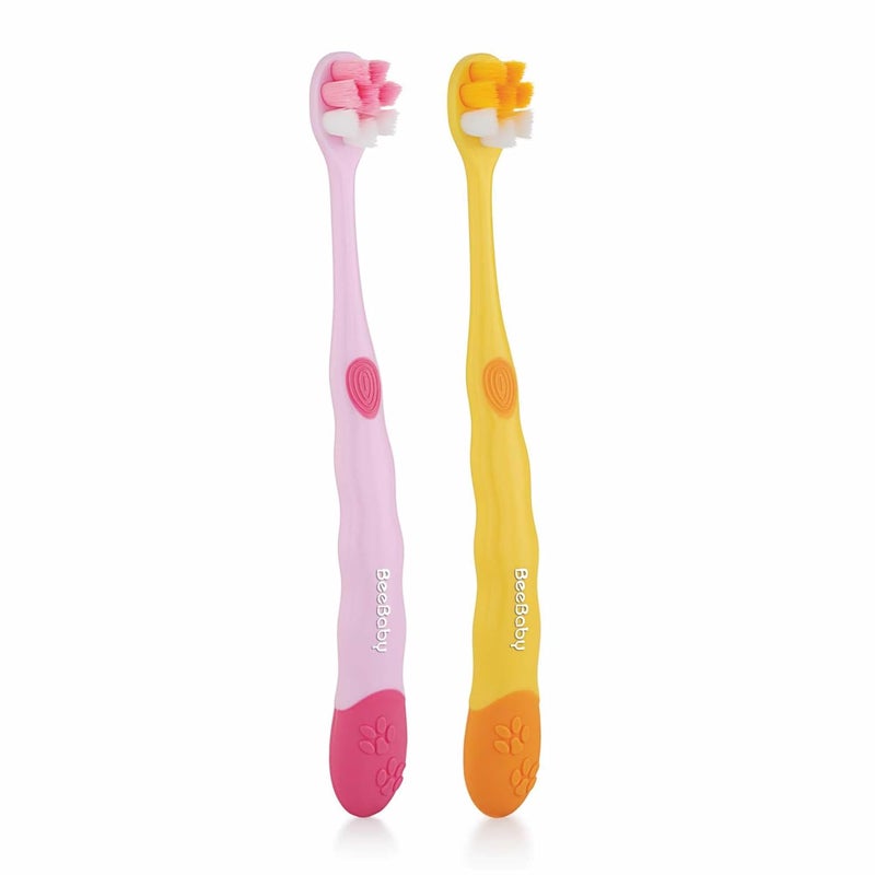Beebaby Brush Buddy Toothbrush for Kids 3-6 Years, Long Handle for Easy Grip, 10 x Softer Tapered Bristles Ideal for Milk and Permanent Teeth, 100% BPA Free. Yellow & Pink. Pack of 2 - Image 1